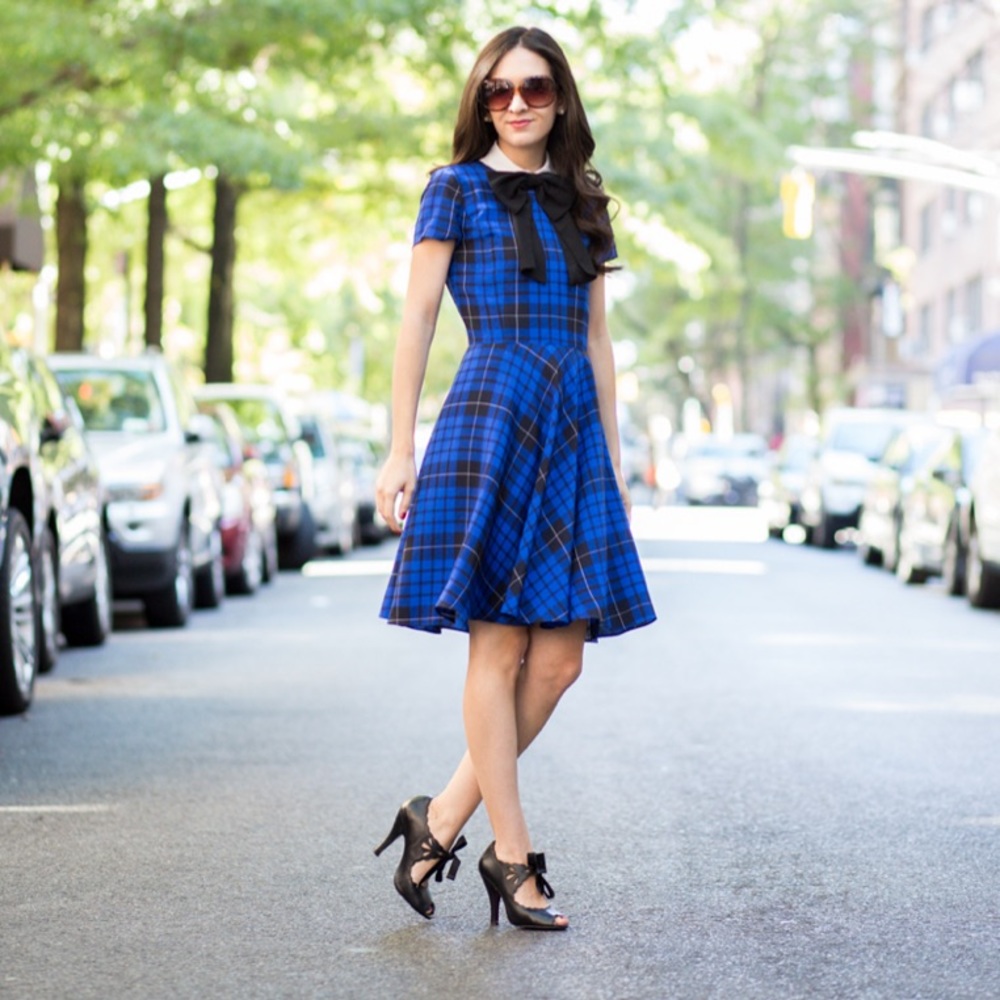 Brooks Brothers Blue Tartan Plaid Silk Flare Dress Exposed Back Zipper